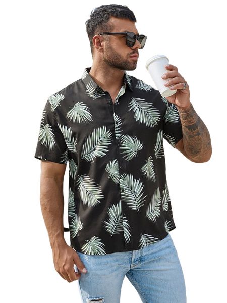 

extended sizes men tropical print button front shirt i5sd#, White;black