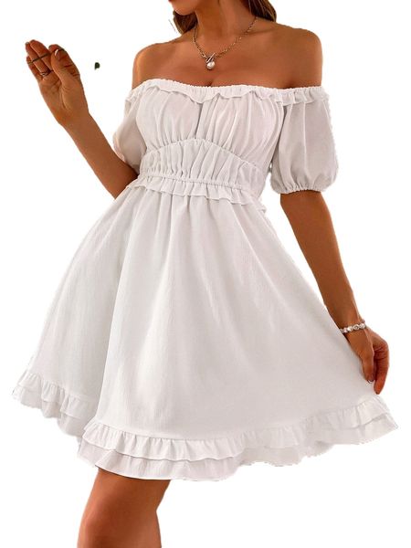 

ruched bust ruffle trim dress y73x#, Black;gray