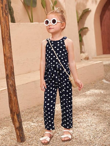 

toddler girls 1pc polka dot keyhole back belted jumpsuit she, Blue