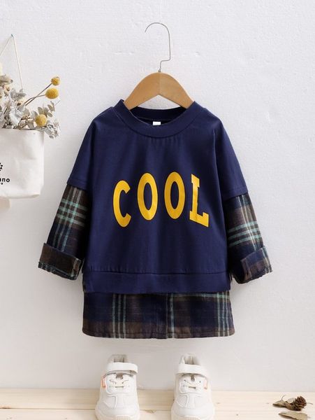 

toddler boys letter and plaid print 2 in 1 sweatshirt she, Black