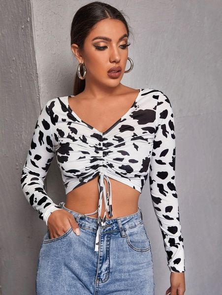 

cow print drawstring ruched crop w1hf#, White