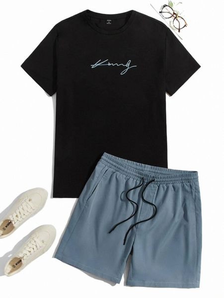 

men letter graphic tee & drawstring waist shorts 2192#, Gray