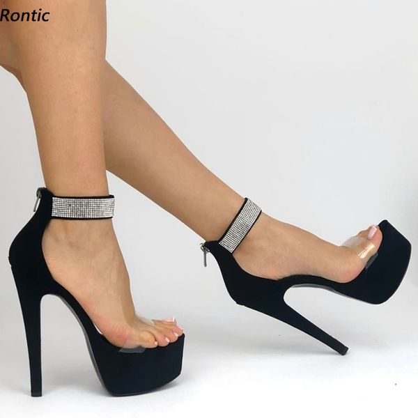 Rontic Neue Damen-Plateau-Sandalen mit Strass-Knöchelriemen, sexy Stiletto-Absätze, offene Zehen, elegante schwarze Party-Schuhe, US-Größe 5–20