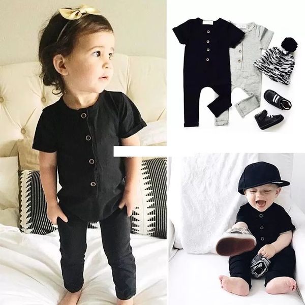 

2019 ins baby girls boys short sleeve chest open buckle romper infant solid color jumpsuits summer boutique kids climbing clothes, Blue