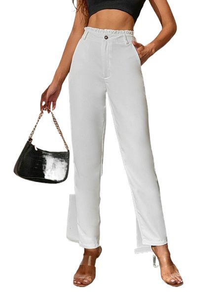 

tall solid paperbag waist slant pocket pants k0ql#, Black;white