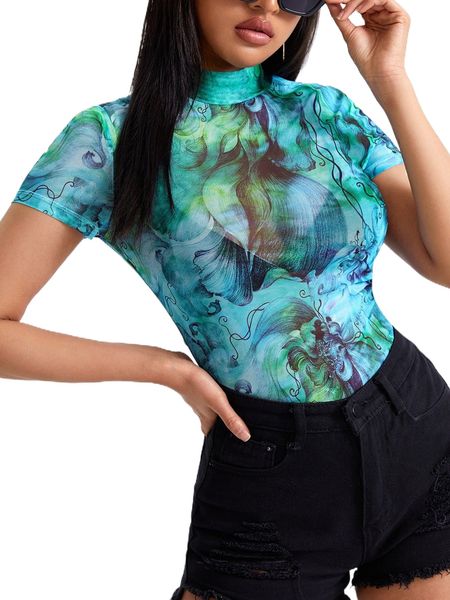 

sxy floral print mock neck mesh without bra a7fh#, White