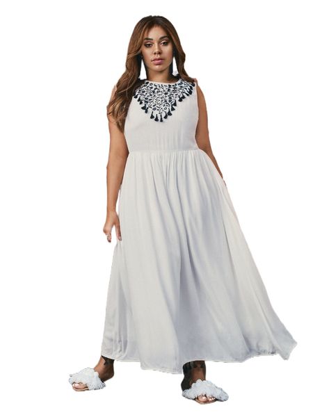 

plus floral embroidery tassel trim dress m4ah#, Black
