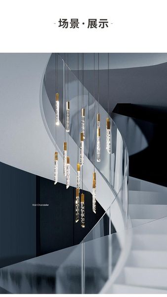 Lâmpadas pendentes Crystal Light Luxury Bedside Lamp Copper Bar Table Sala de jantar Pós-moderna Personalidade criativa escada longa Chandelierpenda