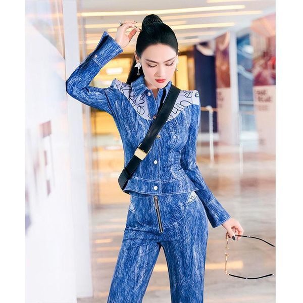 Damen Zweiteilige Hose 2 Stück Tweed Damen Elegant Denim Print Anzug Set Dame Bürokleidung Outfit Mantel Weites Bein JeansDamen