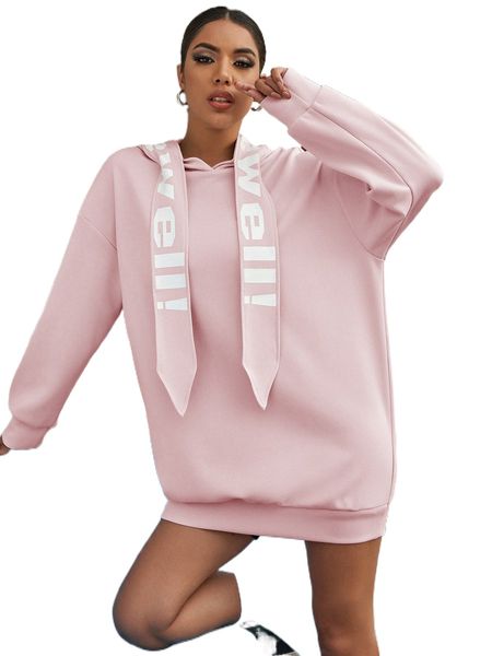 

drop shoulder letter graphic draped hooded oversized sweatshirt dress k4bq#, Black