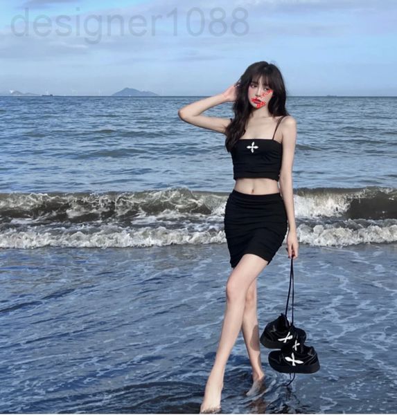 

two piece dress designer  smfk cross split skirt print sports suspender set new summer n4qz, White