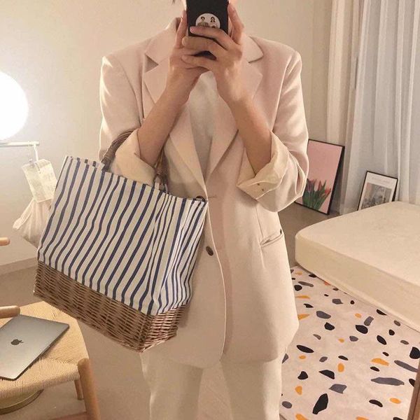 

striped canvas rattan womens handbag fashion large capacity woven tote bag woman designer brand simple shopping bag ladies 2022