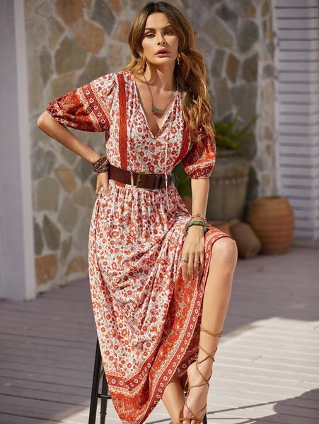 

rusttydustty floral print puff sleeve dress without belt 856r#, Black;gray