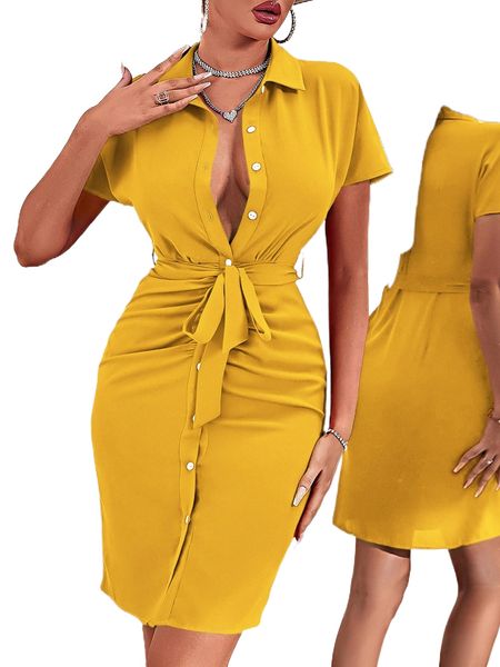 

batwing sleeve ruched button up belted dress k1aj#, Black;gray