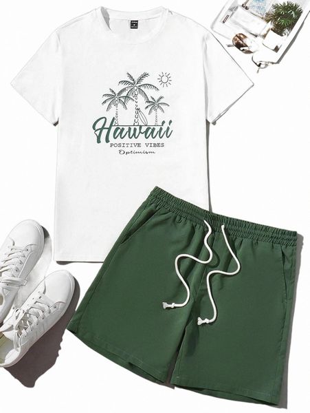 

men coconut tree & letter graphic tee & drawstring waist shorts m8lr#, Gray