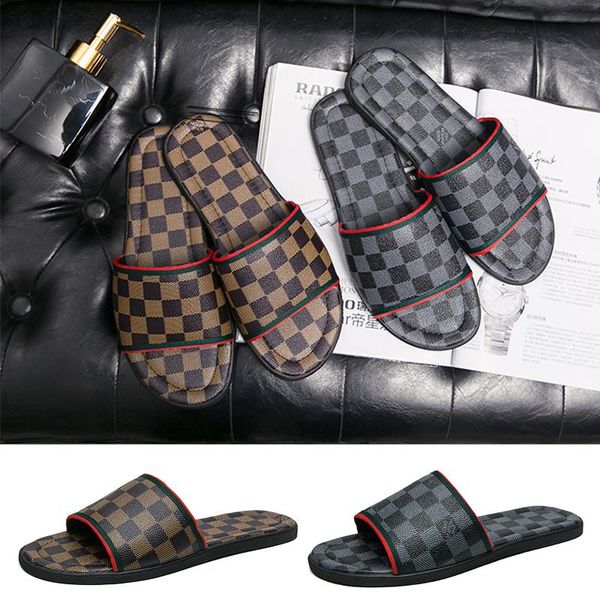 

genuine leather mens slippers luxury checkered pattern brand designer slides black brown beach flip flop outdoor indoor flat fashion sandals