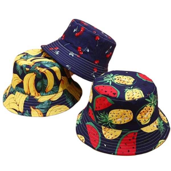 

summer two side reversible fruit pineapple watermelon lemon cherry bucket hat men women cute fisherman hat panama bob casual238n, Blue;gray