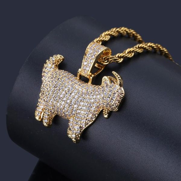 Collane con ciondolo Zircone Bling Out Capra Pecora Color oro Rame Gioielli da uomo Hip Hop Rapper con catena a torsione da 24 polliciPendantPendant