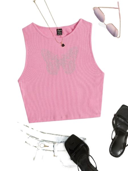 

butterfly rhinestone tank d1s4#, White