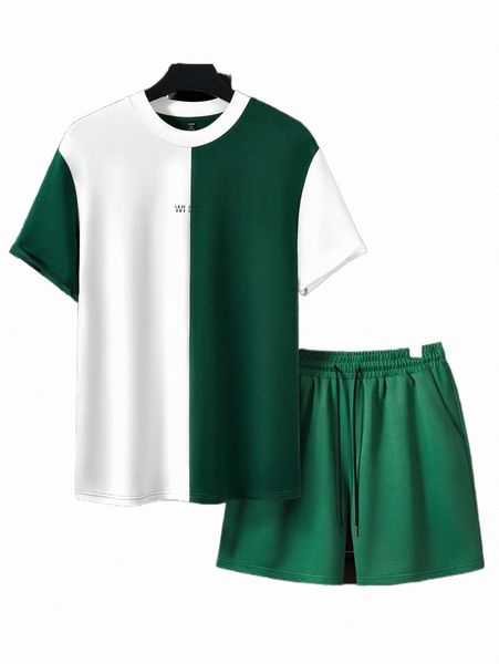 

men letter graphic colorblock tee & drawstring waist shorts n4g0#, Gray