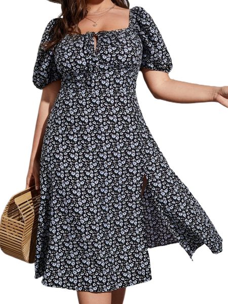 

plus ditsy floral print knot front split thigh dress y6ft#, Black