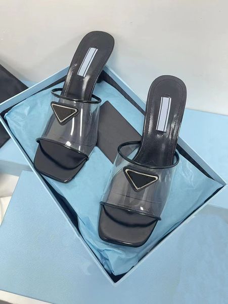 

star women's slippers heel height 6.5cm imported transparent pvc soft breathable square head sandals full set bag box 35-42, Black