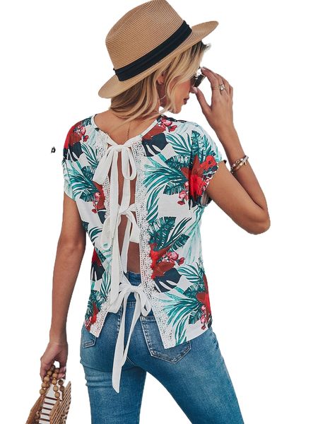 

floral print tie back guipure lace trim tee w05i#, White