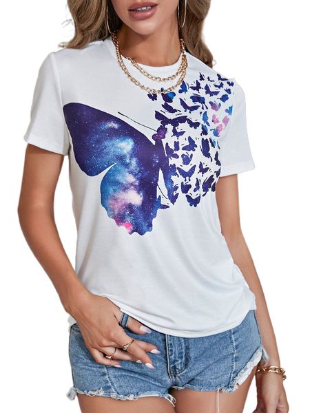 

butterfly print draped backless tee s1o2#, White