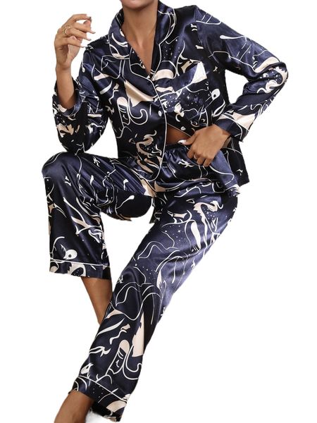 

graphic print contrast piping satin pj set a5kb#, Black;red