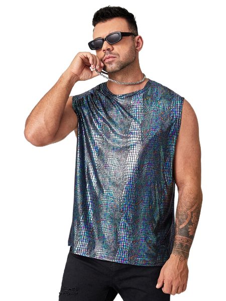 

extended sizes men holographic crocodile print tank t2st#, White;black