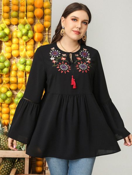 

plus floral embroidery flounce sleeve tie neck peplum blouse y3mp#, Black