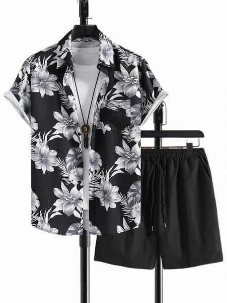 

men tropical print shirt & drawstring waist shorts without tee m8gp#, Gray