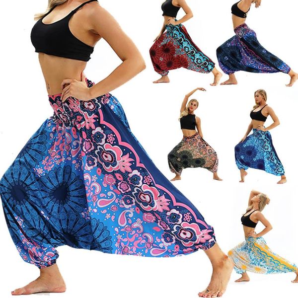 

women yoga pant indian outfits loose comfy soft harem trousers blend bohemia multicolor geometric print wide leg pants, White;red