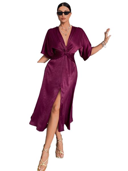 

batwing sleeve twist front split thigh dress d4fh#, Black;gray