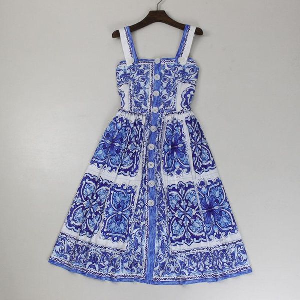 Vestidos casuais 2022 mulheres vestido de verão vintage marca marca azul porcelana branco impressão espaguete strap botões fofo feriado