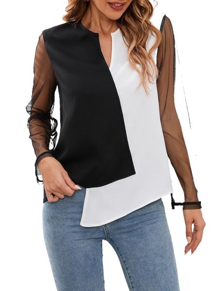 

two tone notched neck contrast mesh asymmetrical hem blouse b9ig#, White