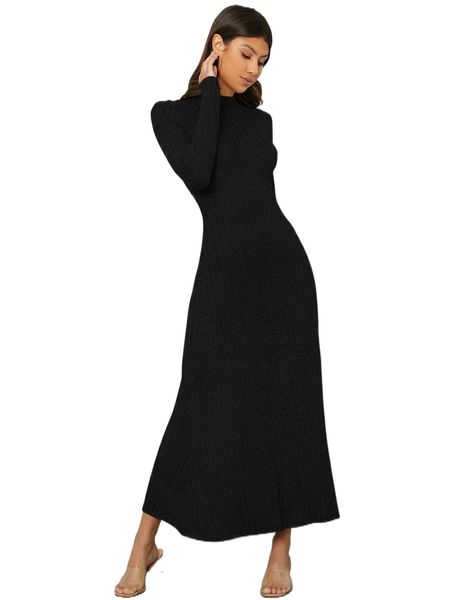 

solid mock neck dress 25cx#, Black;gray