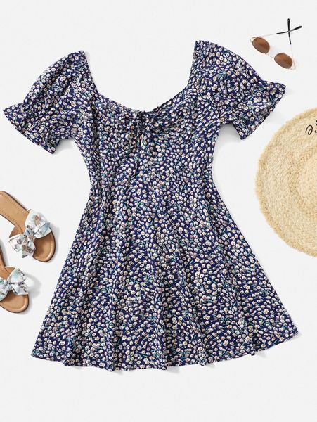 

plus drawstring knot ruched front ditsy floral dress y7td#, Black