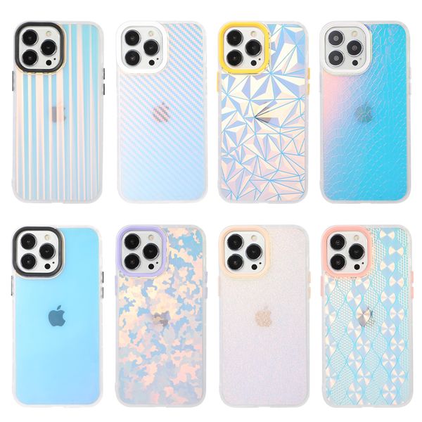 Modische transparente Bling-Laserhüllen, Karbonfaser, Krokodil, matt, Welle, Muschelschale, holographische magische Farbe, TPU-Abdeckung für iPhone 13 12 Mini 11 Pro XS Max XR X 7 8 Plus