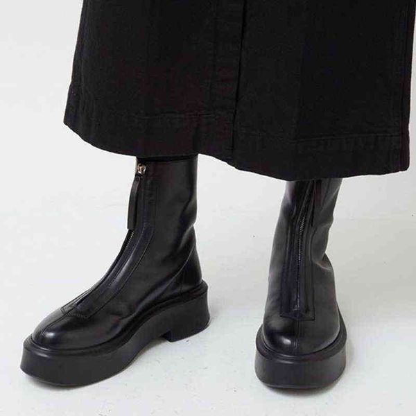 

boots brand ankle genuine leather thick sole motorcycle women zipper round nose winter platform woman short 220811, Black