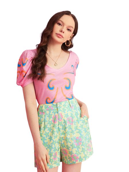 

x royal icing graphic print puff sleeve tee q6yw#, White