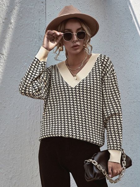 

v-neck drop shoulder houndstooth pattern sweater o4ir#, White;black