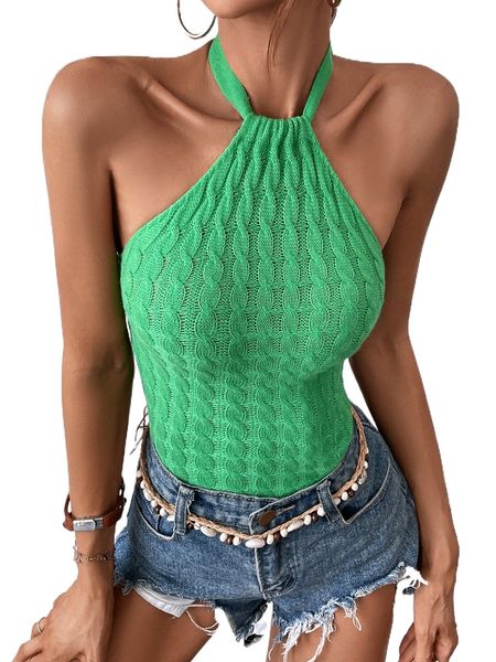 

tie backless halterneck cable knit 42o8#, White;black