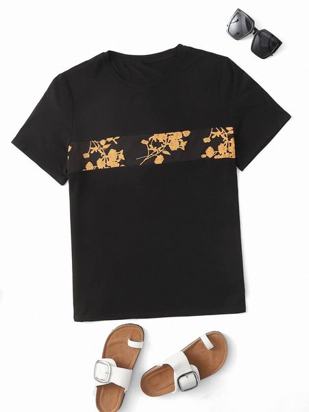 

men 1pc contrast floral print tee l9i5#, White;black