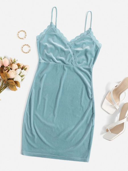 

lace trim velvet cami dress n2hw#, Black;gray
