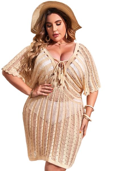 

plus lace up front open stitch cover up without bikini t82e#, Black