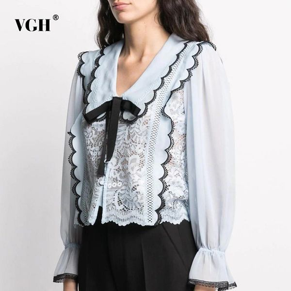 

patchwork lace white blouse for women peter pan collar long sleeve bowknot elegant shirt female fashion clothing 210507