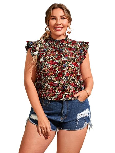 

plus ditsy floral print frilled neck butterfly sleeve blouse h2lu#, Black