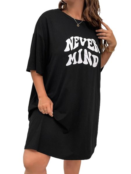 

plus slogan graphic drop shoulder dress 63cb#, Black