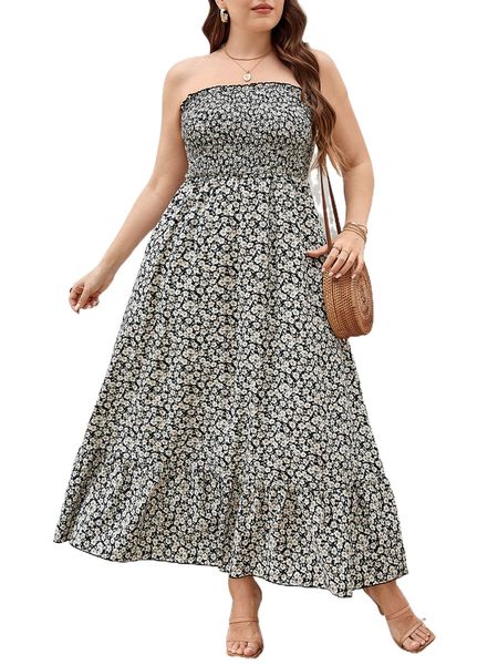 

plus ditsy floral shirred ruffle hem tube dress h71e#, Black